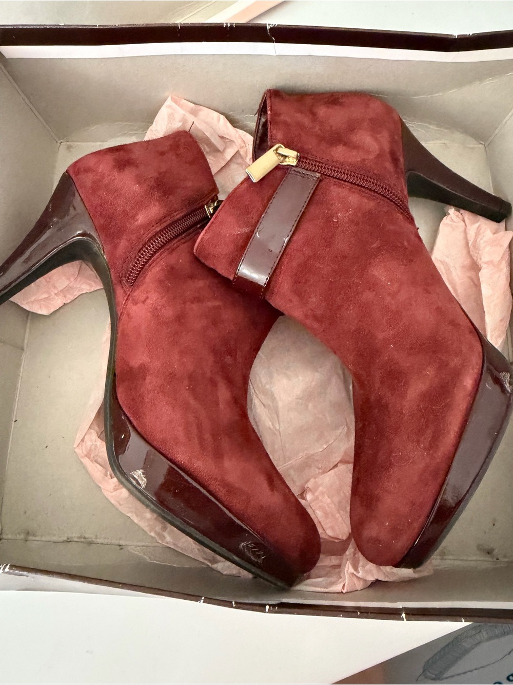 Suede Burgundy Ankle Booties with Patent Trim
